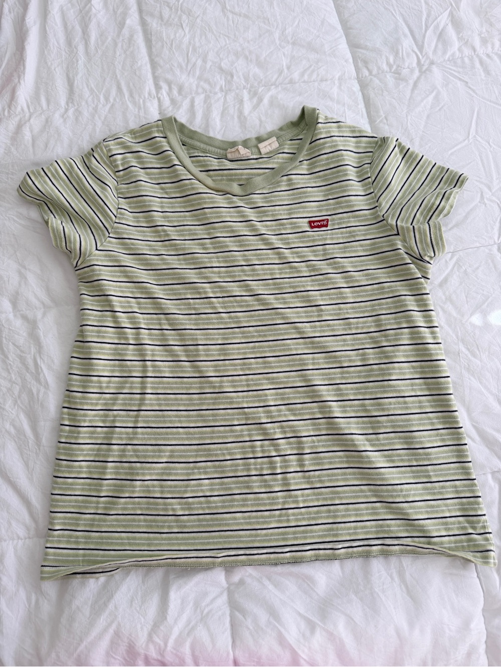 Levi's Light Green Striped Crew Tee with Navy & White Accents